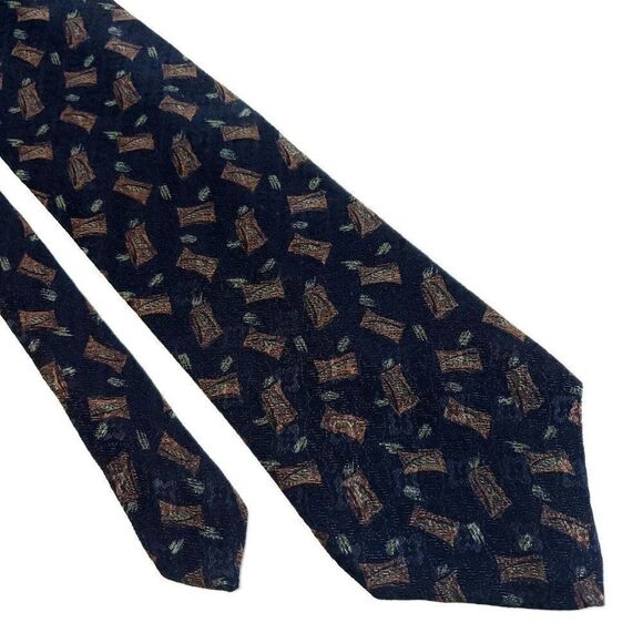 Calvin Klein Navy Blue Brown‎ Jacquard Print Abstract Wide Silk Tie - Picture 1 of 6